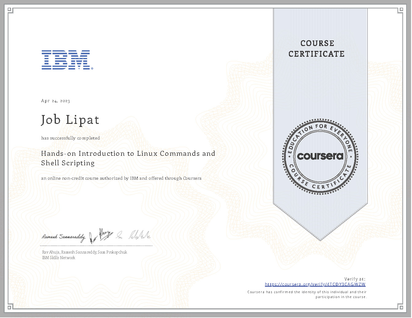 Hands-on Introduction to Linux Commands and Shell Scripting Certificate of Completion project banner